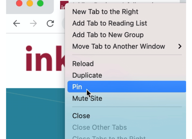 screenshot of pinning a browser tab in the web browser