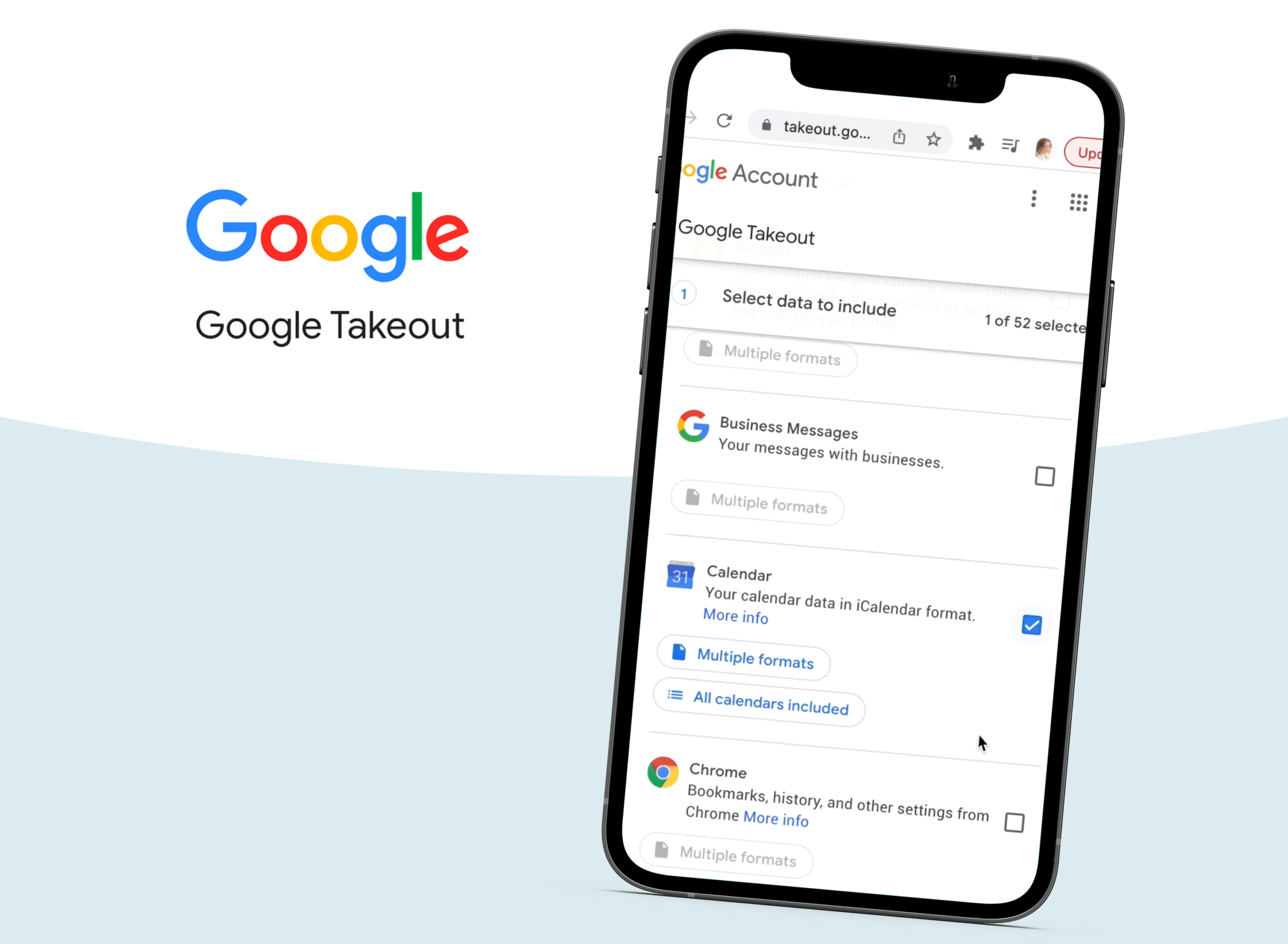 Google Takeout screen on a mobile phone