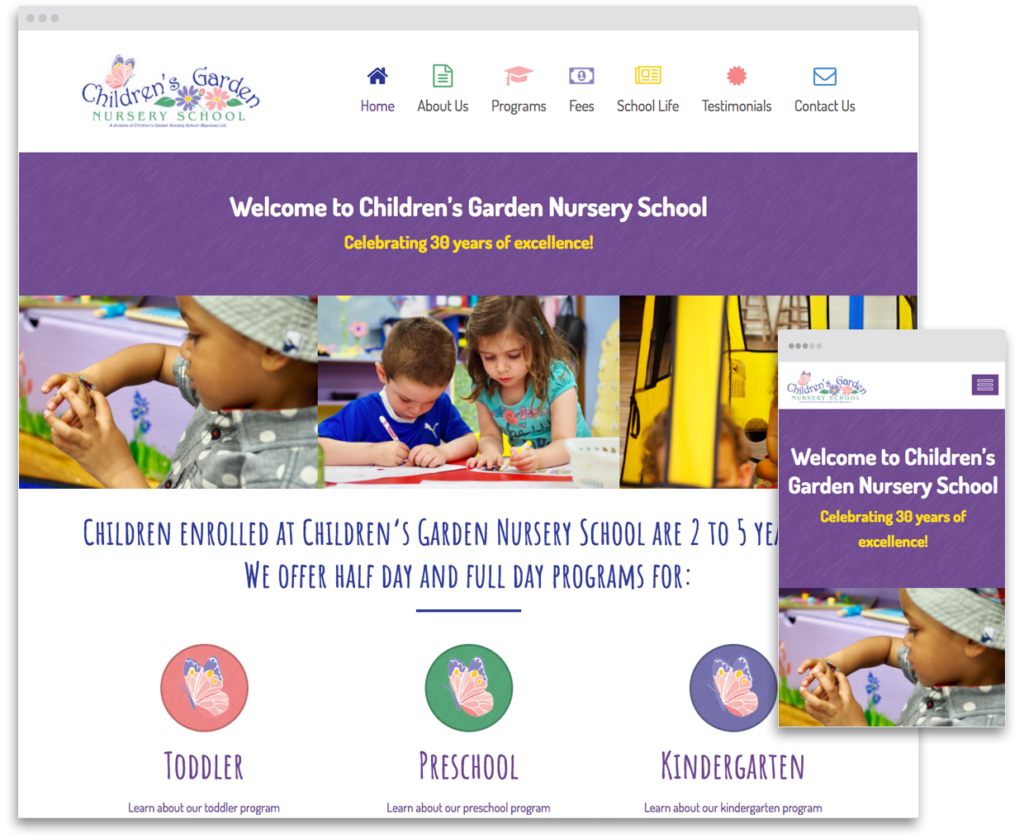 Screenshot of desktop and mobile view of Children's Garden Nursery School website