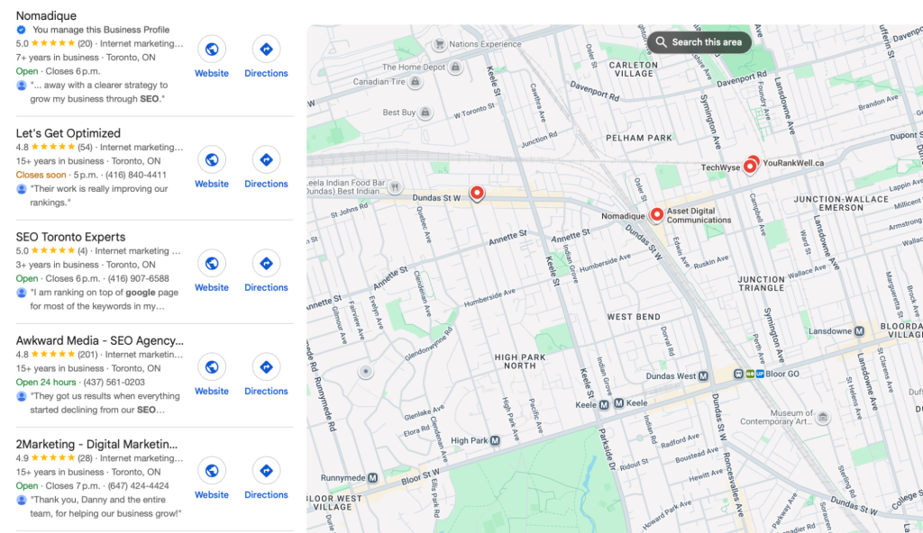 Google local map pack screenshot